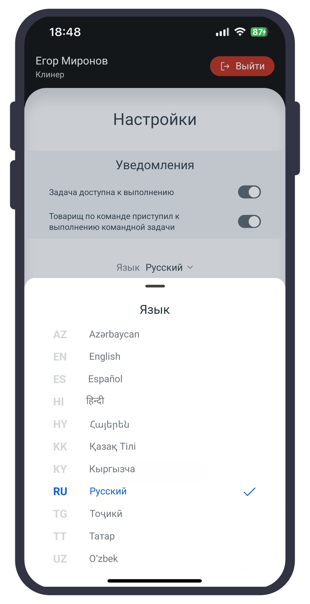 Выбор языка приложения